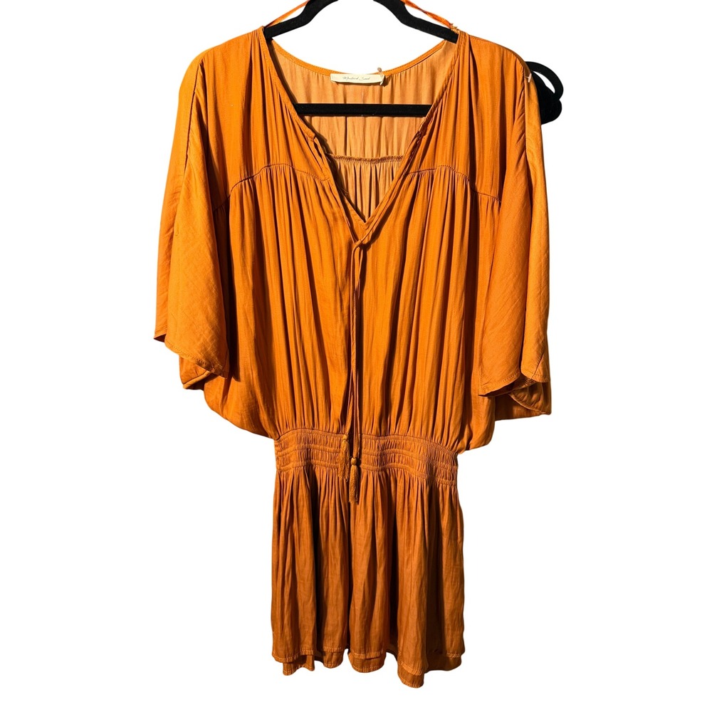 Mustard Seed Burnt Orange Smocked Mini Dress Tassel Tie V-Neck Boho Small